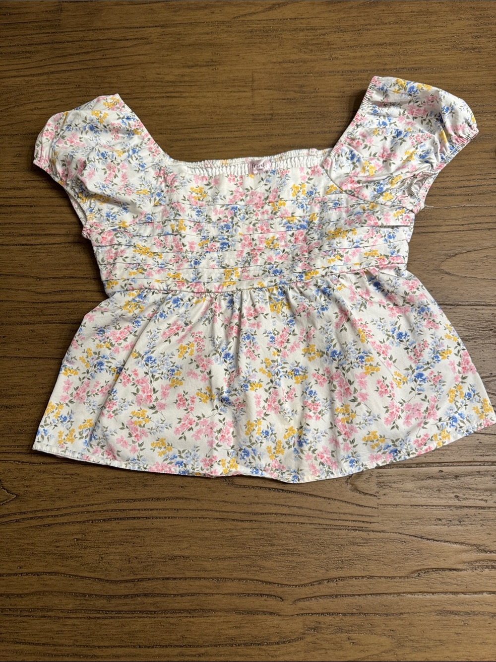 Francesca's Collections Cream Floral Shirred Peplum Top - Pink, Blue & Yellow